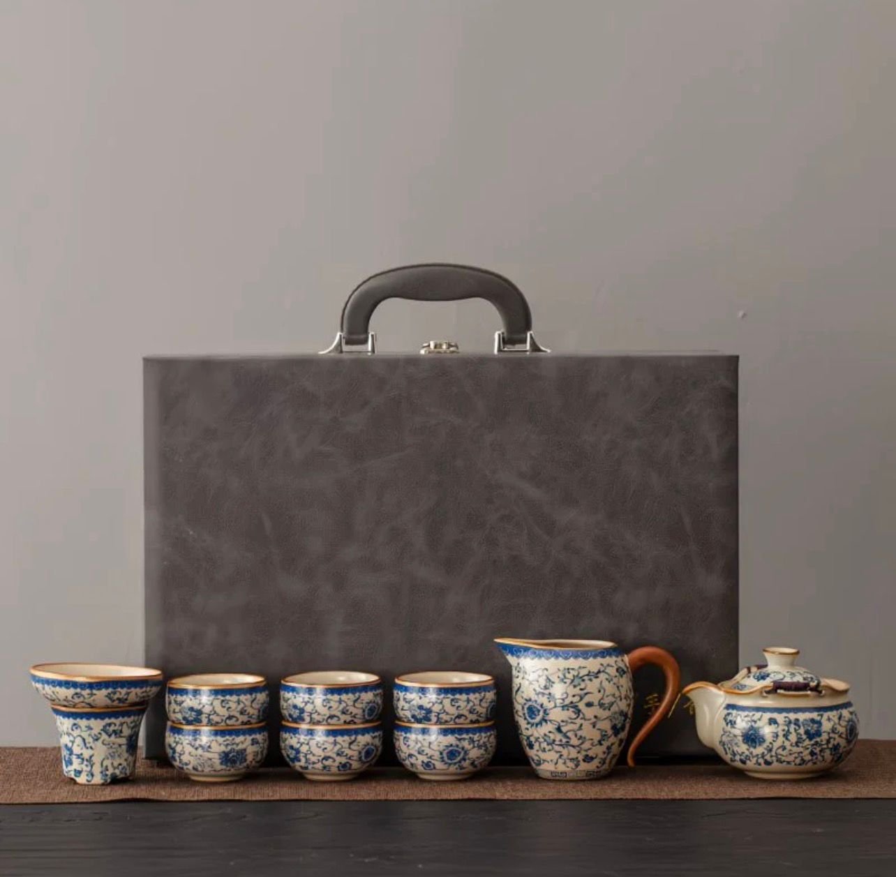 Premium Blue Floral Ceramic Tea Set with Luxury Carry Case