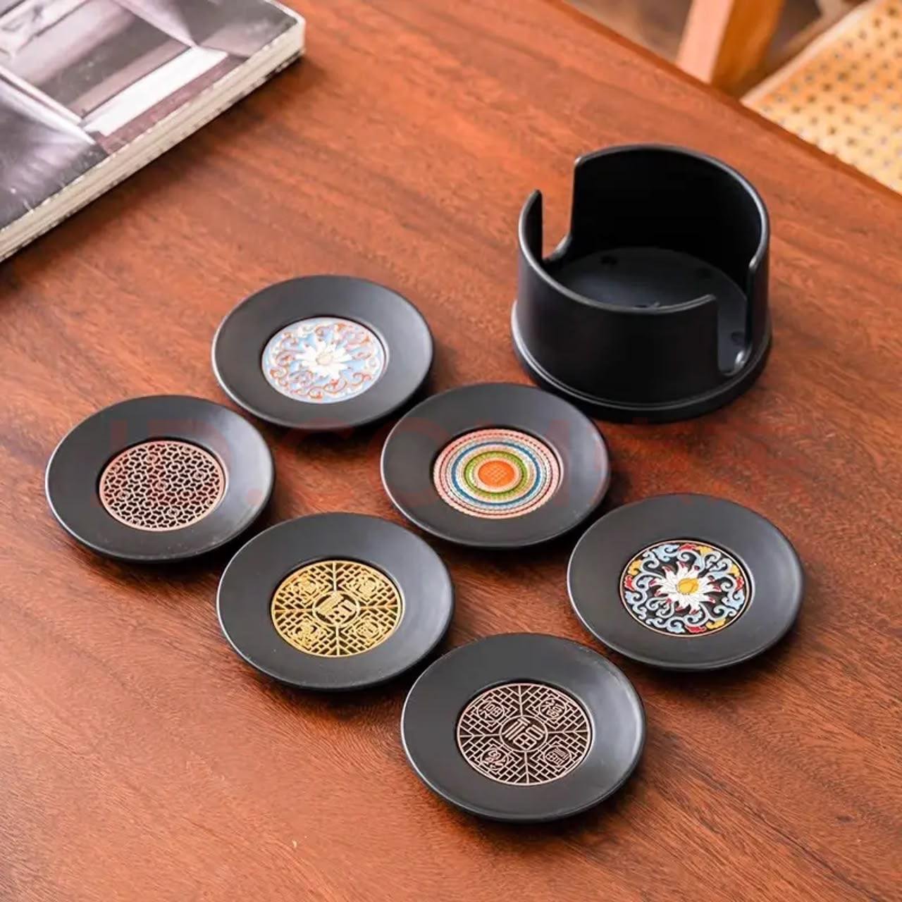 Premium Round Tea Coaster Set with Holder