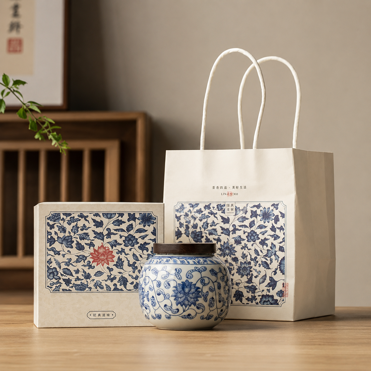 Vintage Blue & White Ceramic Tea Storage Jar with Gift Box (Single)