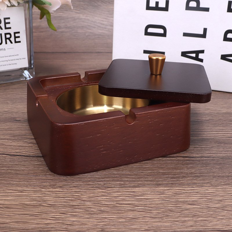 Square shape New Chinoiserie Solid Wood Ashtray with Cover