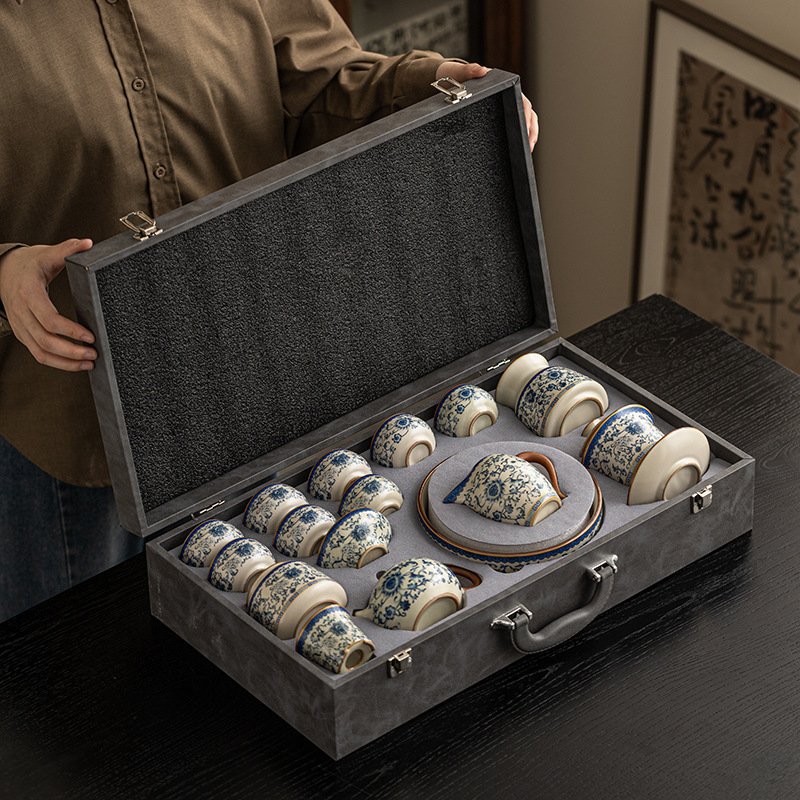 Blue & White Ceramic Gongfu Tea Set with Luxury Case