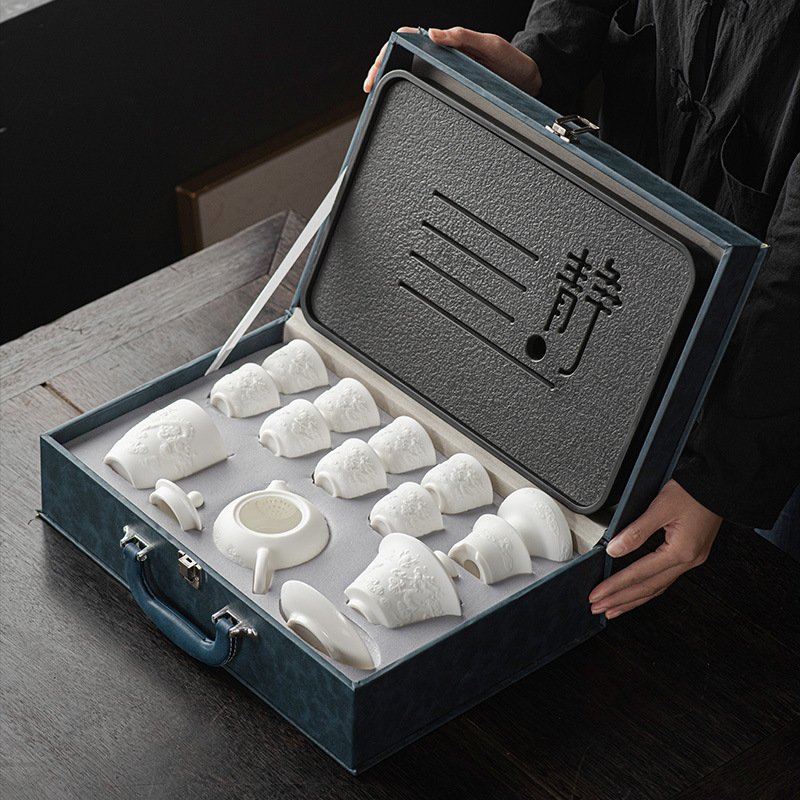 Embossed Chinese-Style White Ceramic Tea Set with Luxury Gift Case